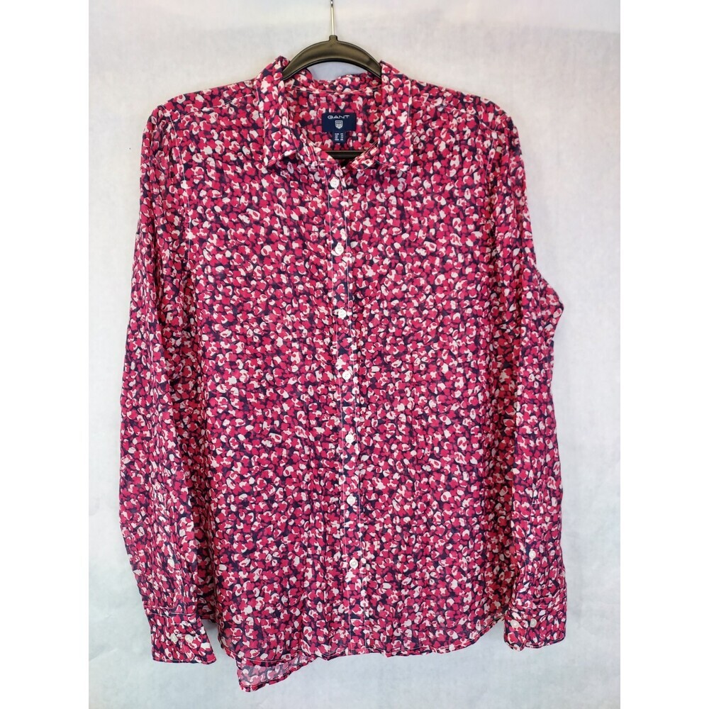 Gant Button Up Shirt Blouse Women's 12 Silk Cotton Pink Floral Collared Preppy - Picture 3 of 15